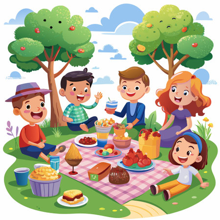 Happy friends having a picnic in the park with food and drinks.のイラスト素材