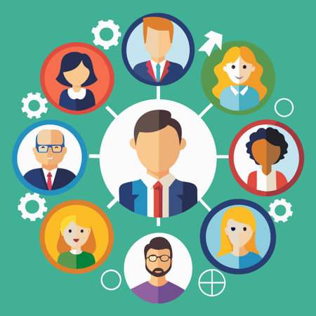 Diverse group of people connected around a central figure, symbolizing a team or network.のイラスト素材