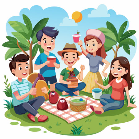 Four friends enjoying a picnic in a sunny park.のイラスト素材