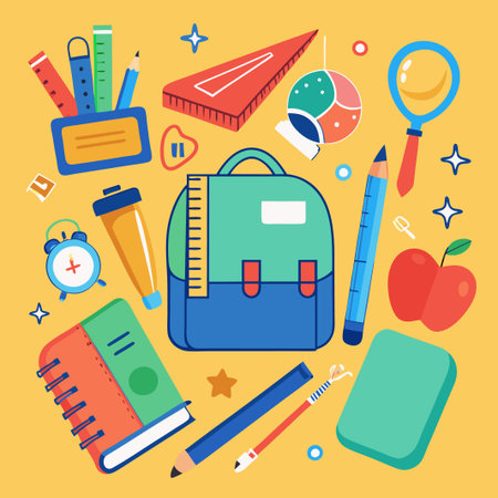 A bright yellow background with a variety of school supplies, including a backpack, pencils, a ruler, a notebook, a magnifying glass, an apple, an eraser, a water bottle, and a clock.のイラスト素材