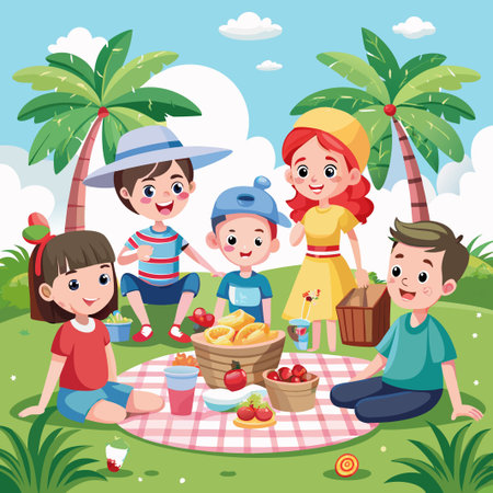 Happy children enjoying a picnic in a park under palm trees.のイラスト素材