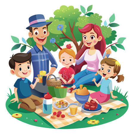 Happy family enjoying a picnic in the park, with food, drinks, and laughter.のイラスト素材