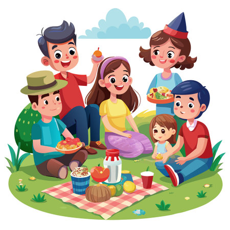Happy family enjoying a picnic in the park.のイラスト素材