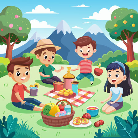 Four friends having a picnic in a grassy meadow with mountains in the background.のイラスト素材