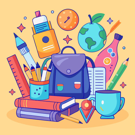 A colorful illustration of school supplies, including a backpack, books, pencils, a ruler, a globe, and a cup.のイラスト素材
