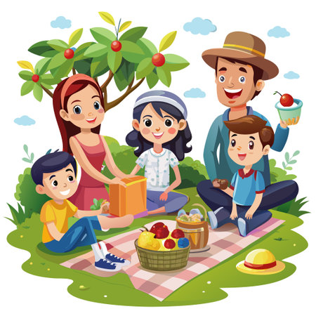 Happy family enjoys a picnic in the park with a checkered blanket, basket of fruit, and a large box.のイラスト素材