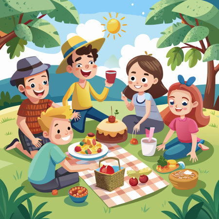 Happy children enjoying a picnic with food, drinks and cake in the park under sunny day.のイラスト素材