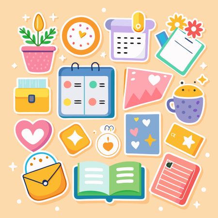 Colorful stickers of a flower pot, clock, calendar, envelope, book, mug, diamond, hearts, and stars.のイラスト素材