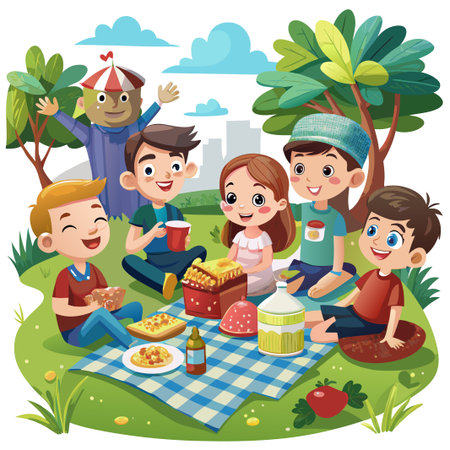 Happy group of friends enjoying a picnic in the park on a sunny day.のイラスト素材
