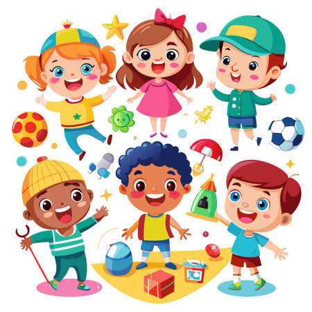 Six happy kids playing with toys.のイラスト素材