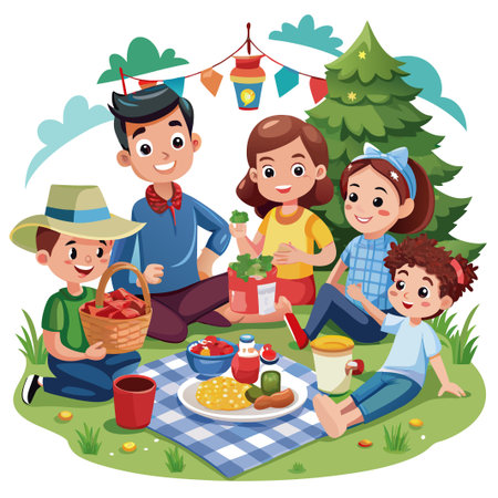Happy family enjoying picnic in the park with food, drinks, and a lantern.のイラスト素材