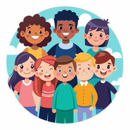 Group of diverse kids smiling and standing together in a circle.のイラスト素材