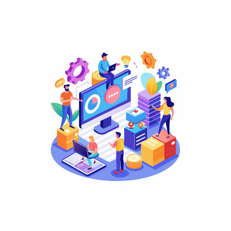 Flat vector illustration of people creating website designs on computersのイラスト素材
