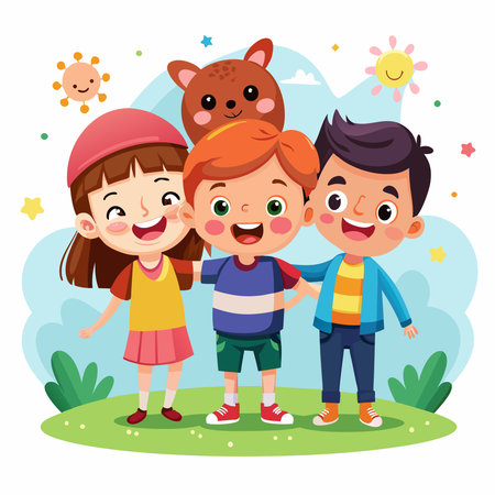 Happy Friendship Day Cute Cartoon Characters Vector Illustrationのイラスト素材