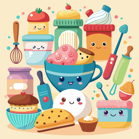 Cute cartoon food and kitchen tools with smiling faces, all around a beige background.