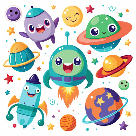 Cute cartoon characters in outer space with planets and stars.のイラスト素材