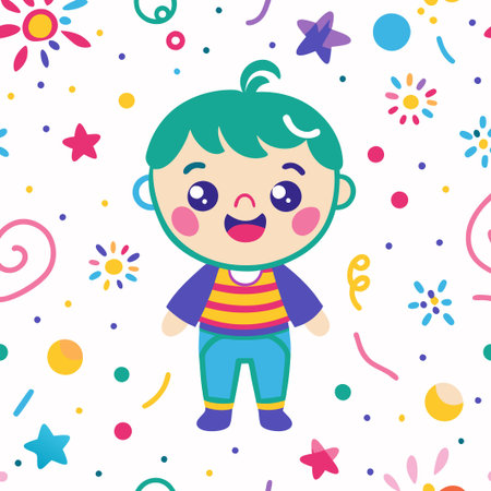 Smiling cartoon boy with green hair, blue eyes, and striped shirt standing on a white background with colorful abstract shapes.のイラスト素材