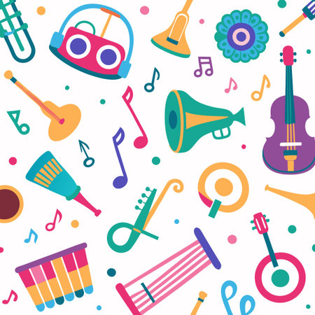 Colorful musical instruments with musical notes on white background.のイラスト素材
