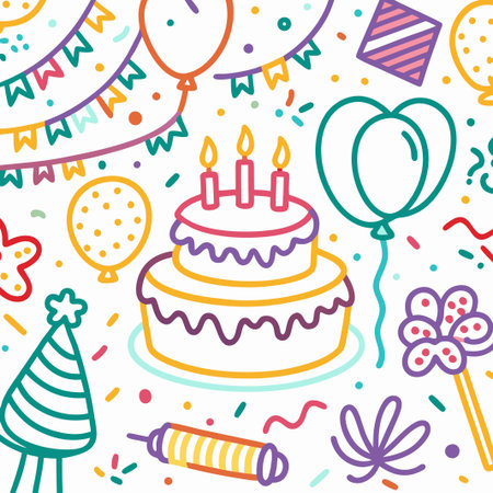 Colorful celebration doodle background with cake, balloons and party hats.のイラスト素材