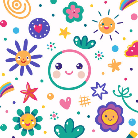 Brightly colored cartoon pattern with happy faces and flowers on a white background.のイラスト素材