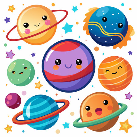 Cute cartoon planets with happy faces and rings in a white space with stars.のイラスト素材