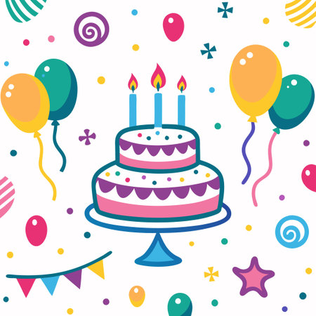 A festive cake with candles, balloons, and streamers.