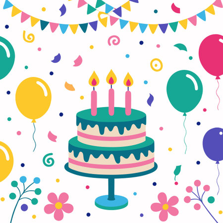 Birthday cake with three candles and colorful balloons.