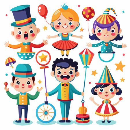 Six cartoon clowns perform in a circus with colorful costumes, hats, and props.のイラスト素材