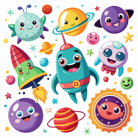 Cute space aliens, planets, and rockets in a cartoon style.のイラスト素材