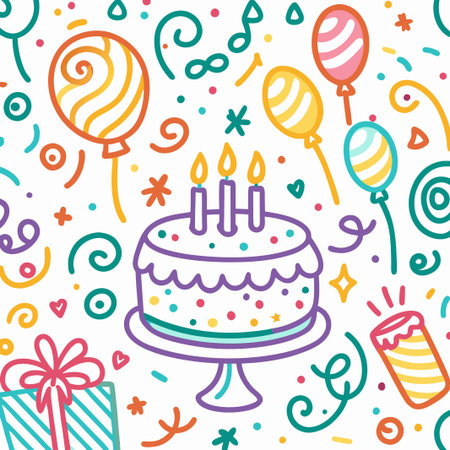 Doodle birthday cake and party supplies.のイラスト素材