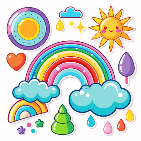Colorful cartoon rainbow, sun, clouds, raindrops, and stars.のイラスト素材