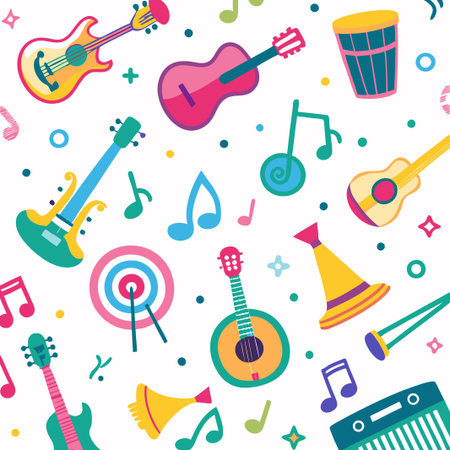A colorful illustration of musical instruments and notes.のイラスト素材