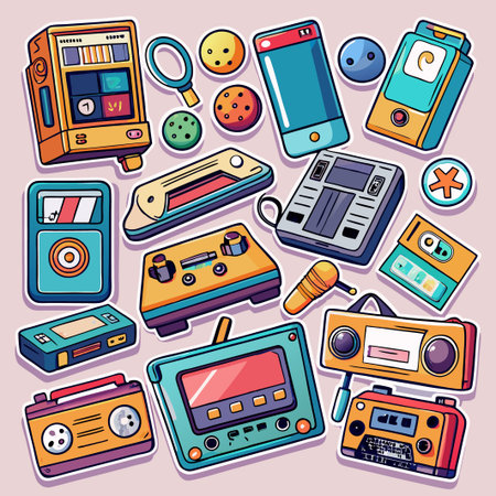 Colorful retro tech gadgets and game controllers.のイラスト素材