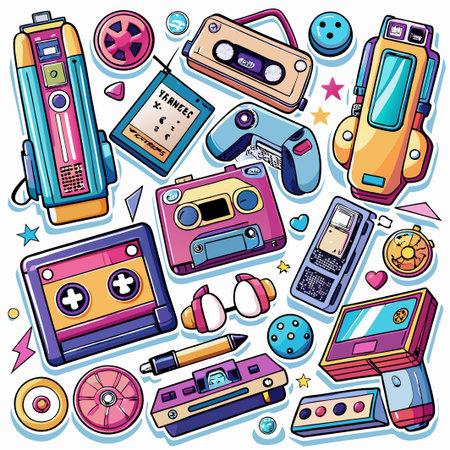 A collection of retro gaming devices, including cassette players, game consoles, and handhelds, in a...