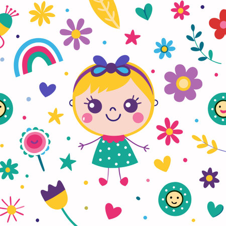 Cute girl with flowers, stars and rainbows.のイラスト素材