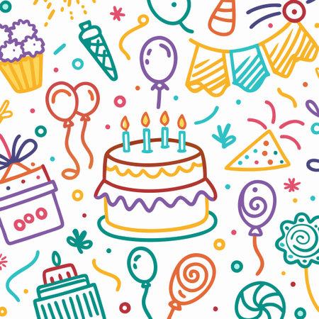 Colorful hand-drawn birthday party celebration with cake, balloons, and gifts.のイラスト素材