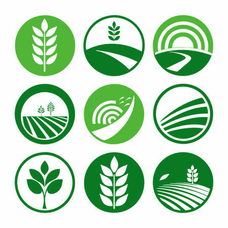 Set of green circular agricultural logos with white wheat, plant and landscape icons.のイラスト素材