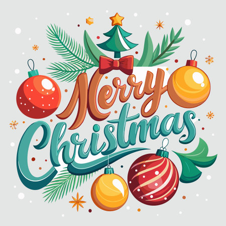 Merry Christmas greeting with ornaments, stars, and a festive tree.のイラスト素材