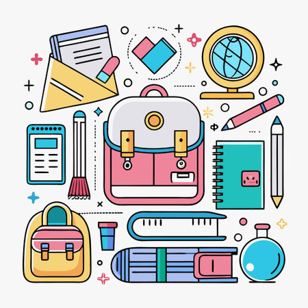 Colorful school supplies arranged around two backpacks in a minimalist style.のイラスト素材