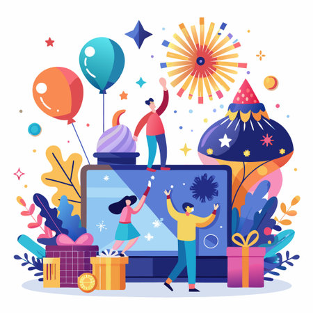 Online Party with People Celebrating on Laptop Screen.のイラスト素材