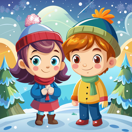 Two cute cartoon kids in winter clothes stand together in a snowy landscape.のイラスト素材