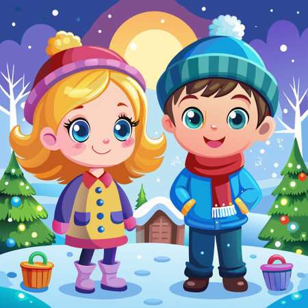 A girl and a boy stand in the snow, wearing winter clothes.  They are smiling and looking at each other.  There are two Christmas trees behind them.  It is nighttime and the moon is shining brightly in the sky.  There is a snow covered house in the background and some fallen snow on the ground.のイラスト素材