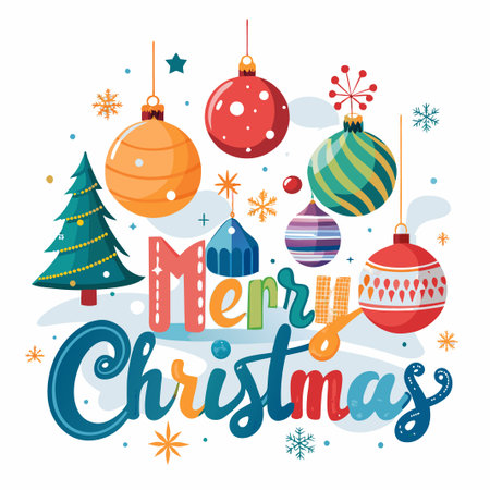 Colorful Christmas greeting with ornaments and a decorated tree.のイラスト素材