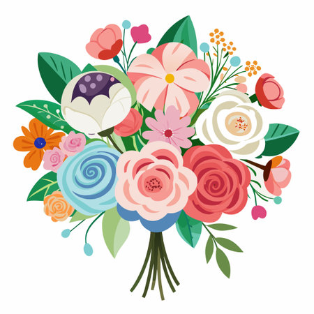 A colorful bouquet of flowers with pink, red, blue, orange and white blossoms, with green leaves.のイラスト素材