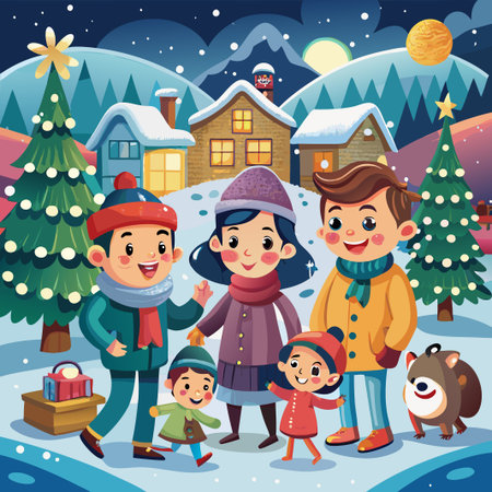 Happy family enjoying Christmas Eve in a winter wonderland with snow-covered houses, decorated trees, and a friendly raccoon.のイラスト素材