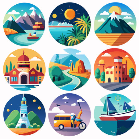 Collection of Nine Colorful and Unique Travel Destinations.のイラスト素材