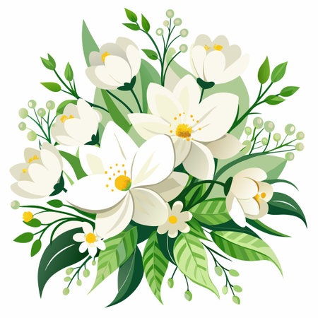 Delicate white flowers with green leaves and buds.のイラスト素材