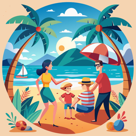 Happy family enjoying a sunny day on the beach.のイラスト素材