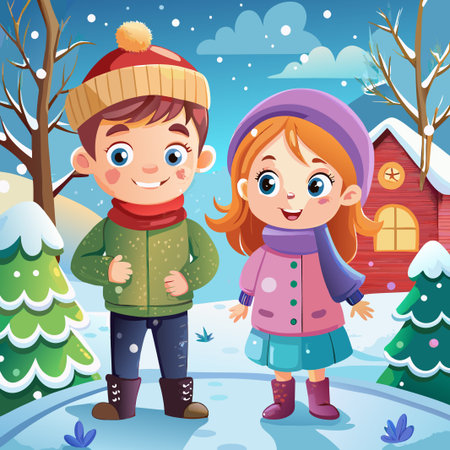 Boy and girl in winter clothes standing in the snow.のイラスト素材