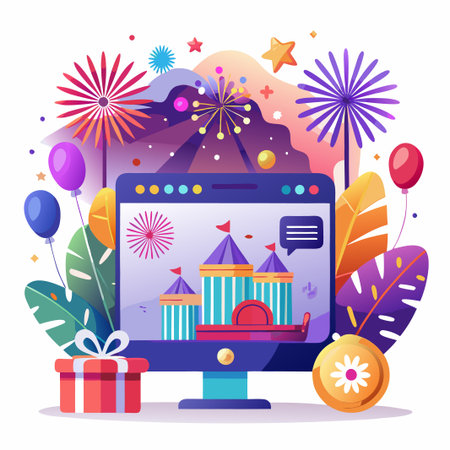 Festive online event with computer monitor, fireworks, balloons, and gift box.のイラスト素材